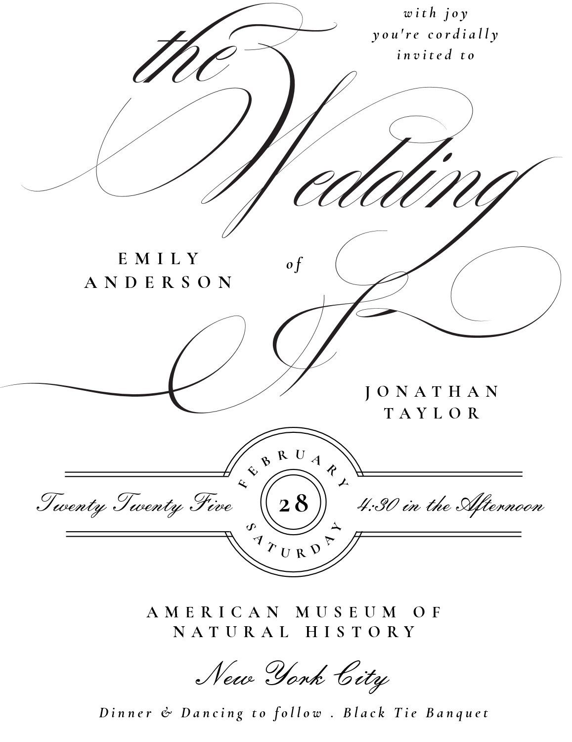 Formal Elegant Calligraphy Black Tie Wedding Invitation