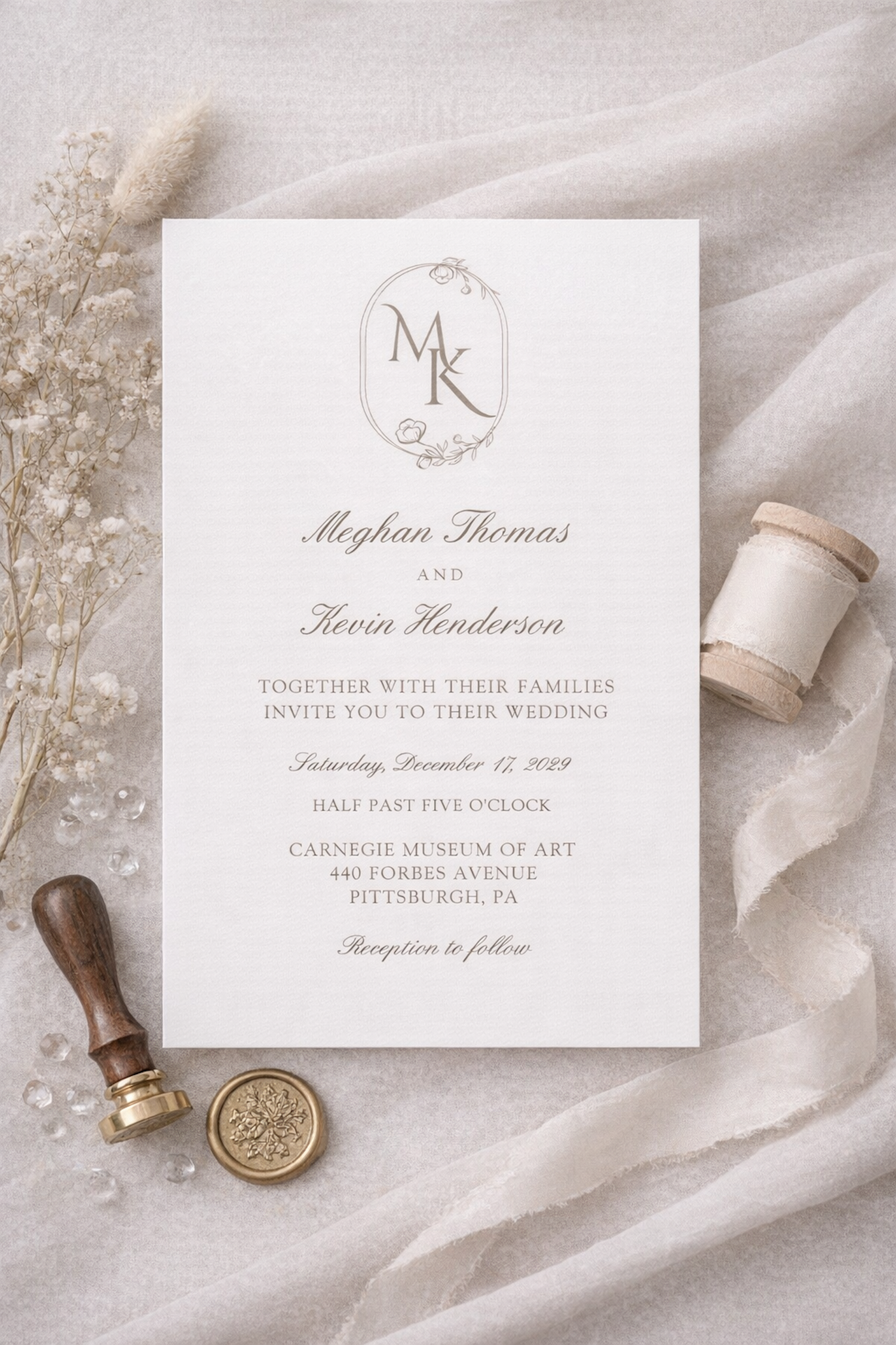 Elegant Neutral Wedding Invitation Template | Minimalist Monogram Invite