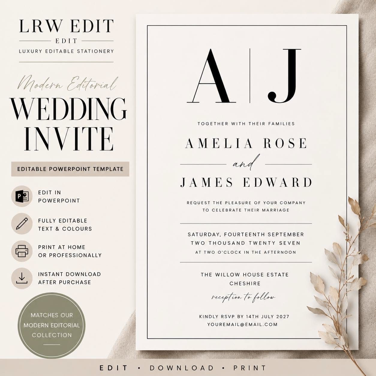 Modern Editorial Wedding Invitation Template | Luxury Magazine Style (Digital Download)