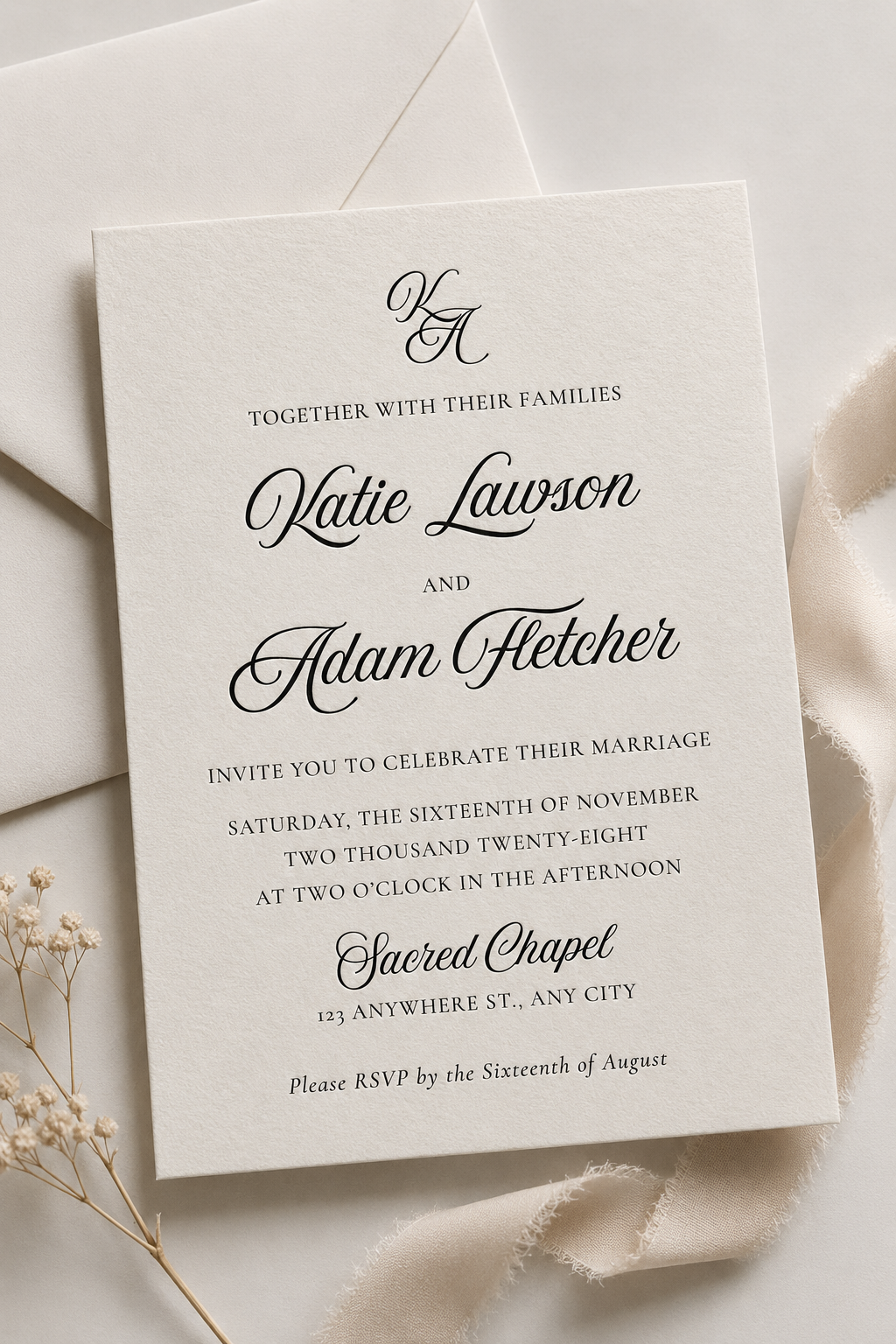 Free Black and White Classic Calligraphy Letterpress Wedding Invitation Canva Template