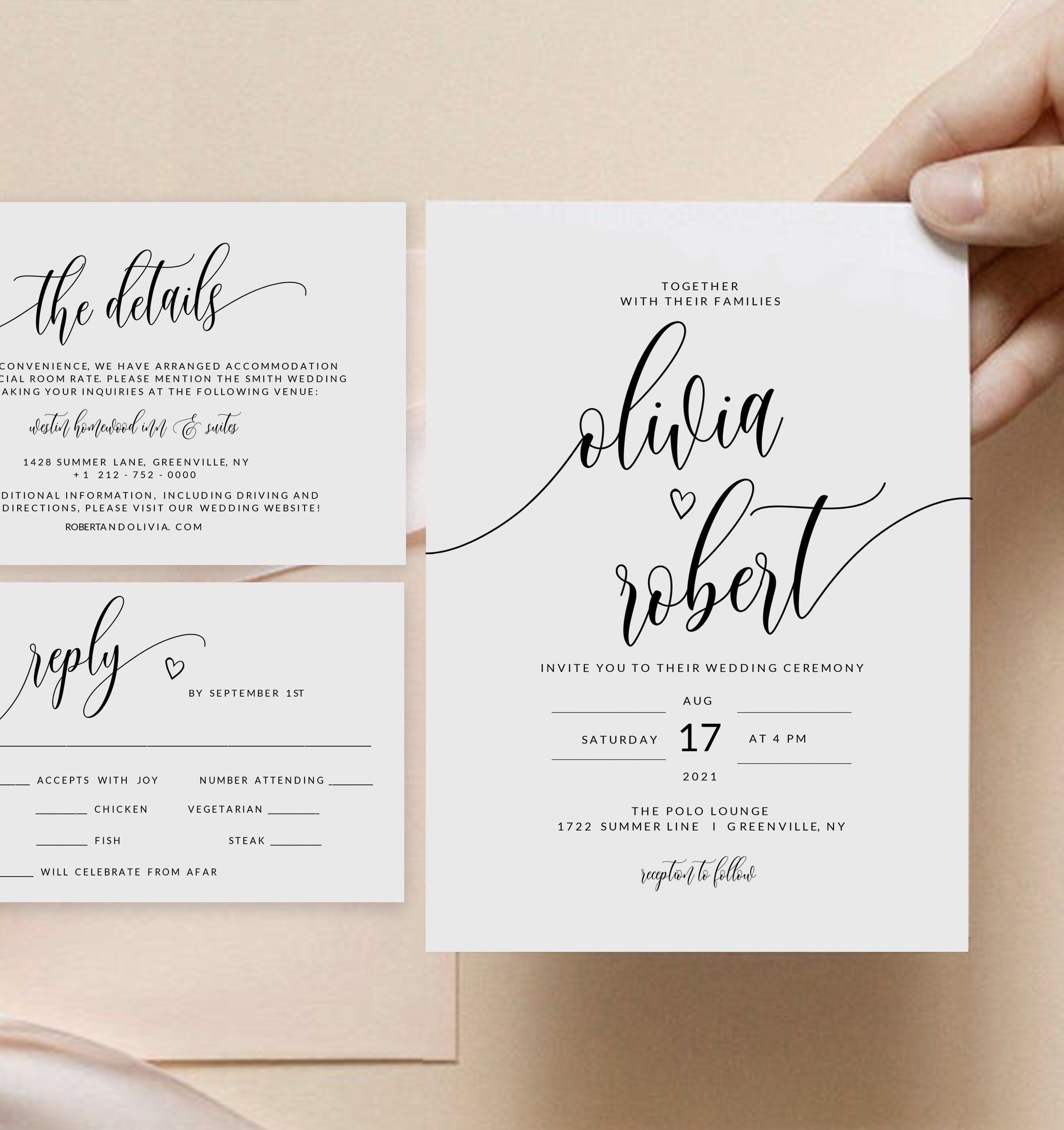 Calligraphy Wedding Invitation Template Set: Modern Invite (Instant Download)