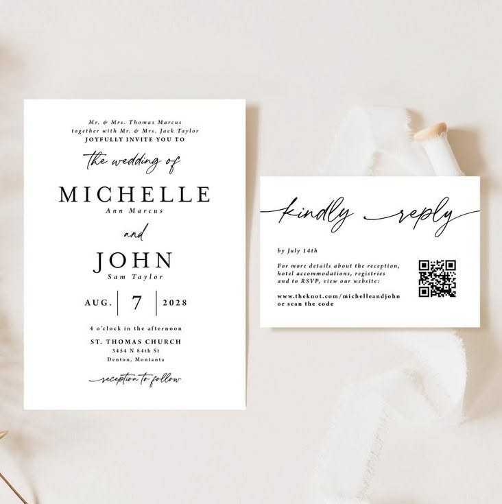Simple Wedding Invitation with QR code Printed, black and white wedding invite